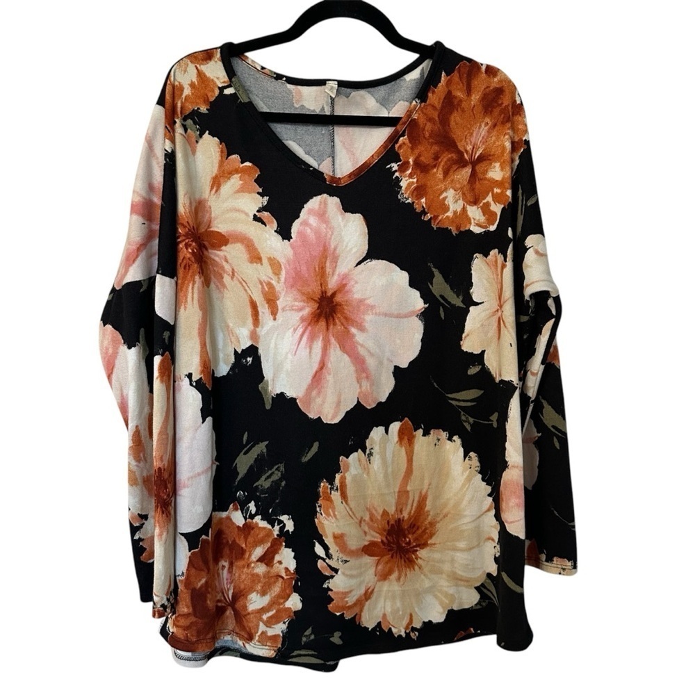 Mai Soli Women’s Long Sleeve Black Floral V-Neck Sweater Tunic GUC